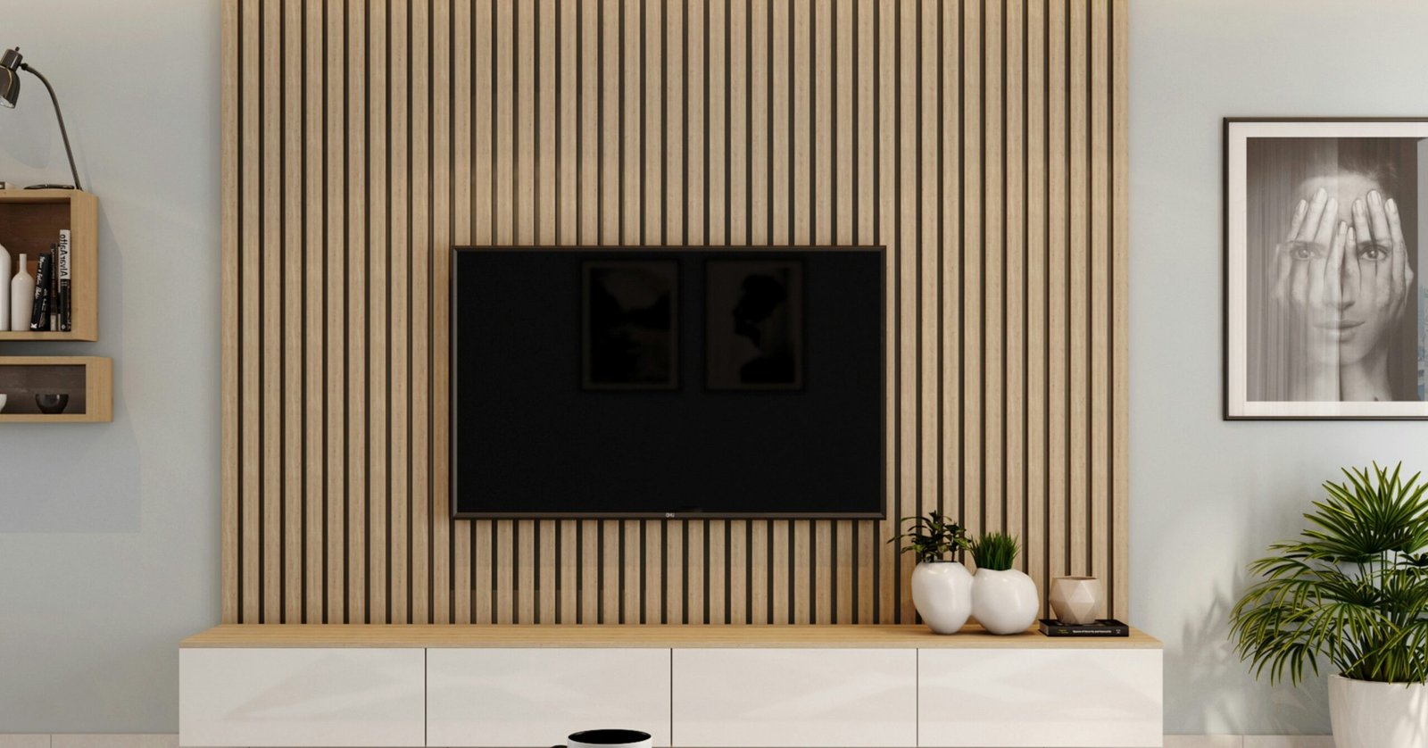 Large tv mounted in a living room on wood slate wall in house in Ajax, On.